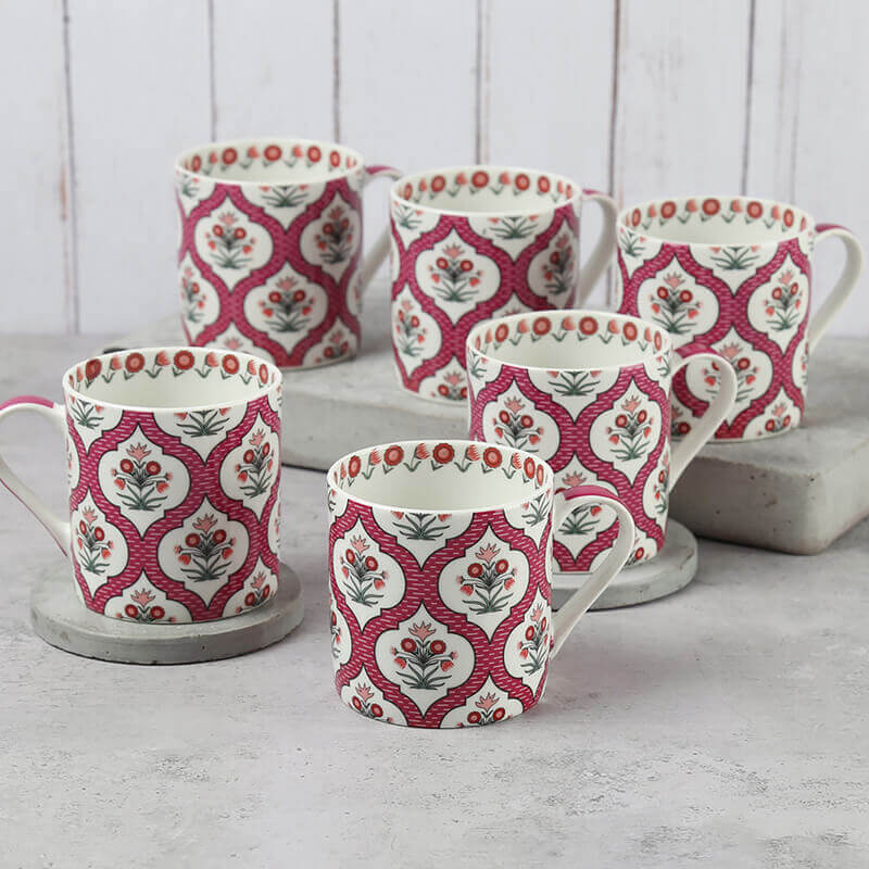 PINK LATTICE MOTIFS COFFEE MUGS SET OF 6