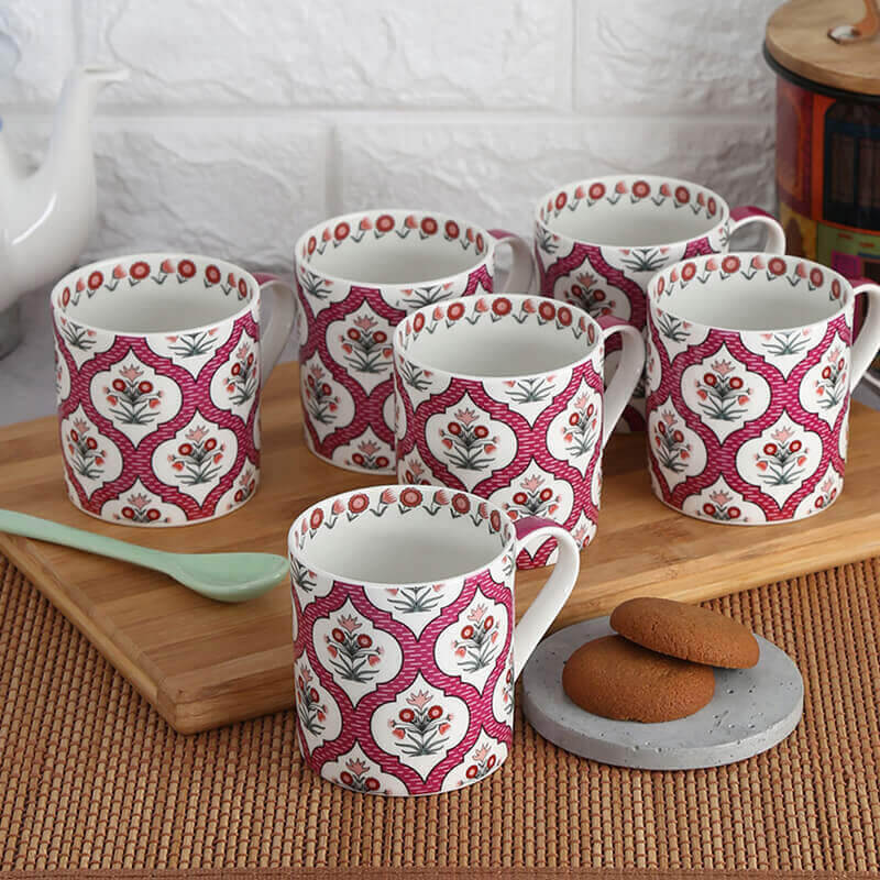 PINK LATTICE MOTIFS COFFEE MUGS SET OF 6