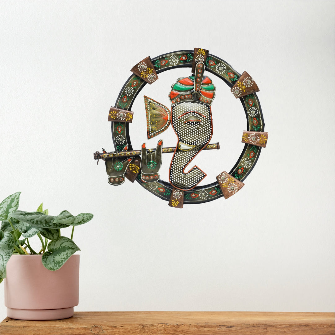 Metal Art Ganesha Playing Flute Wall Hanging Decorative Showpiece
