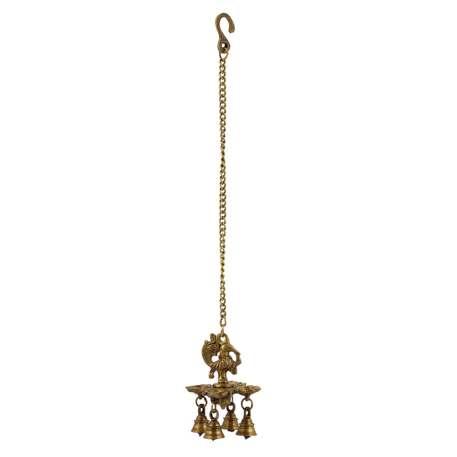 Peacock hanging 4 Diya With Bells (Light)