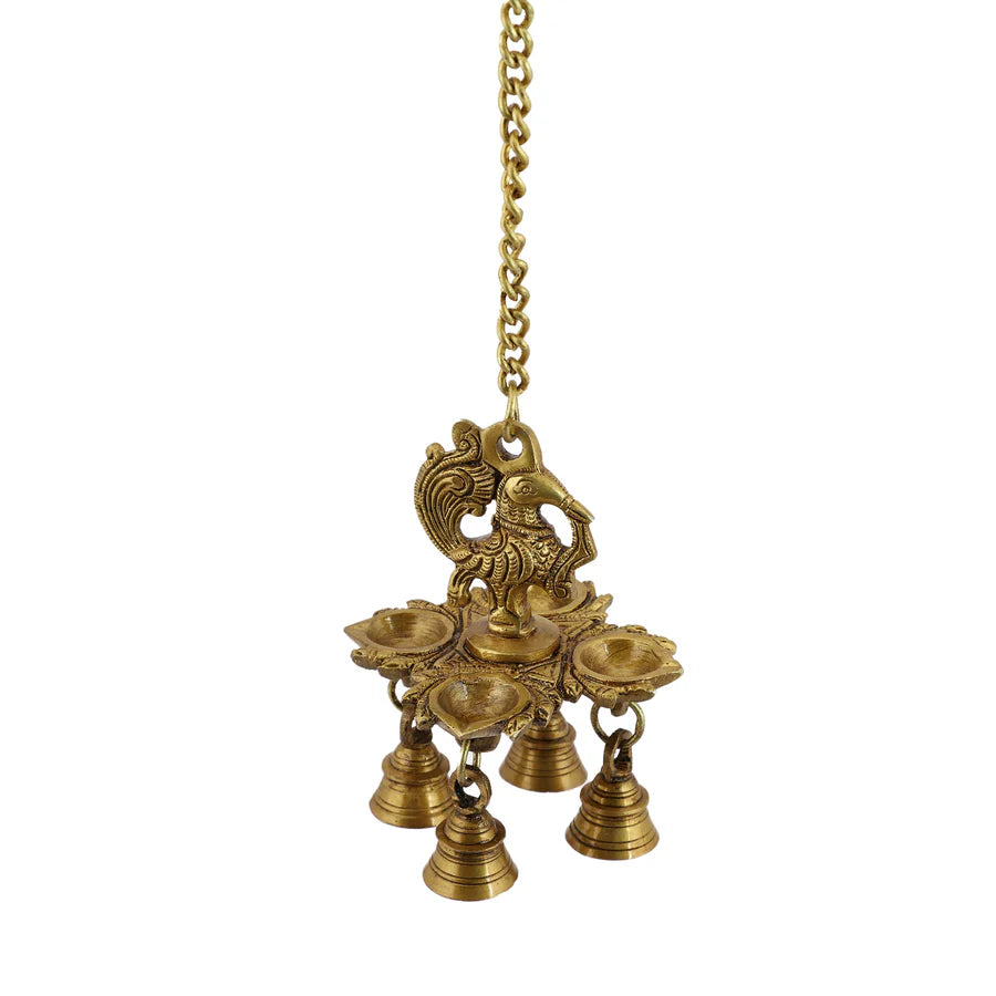 Peacock hanging 4 Diya With Bells (Light)