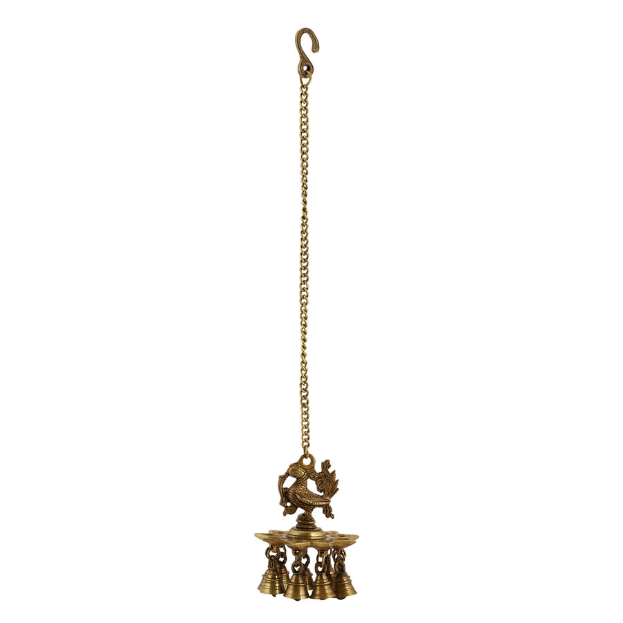 Peacock hanging 9 Diya With Bells (Light)
