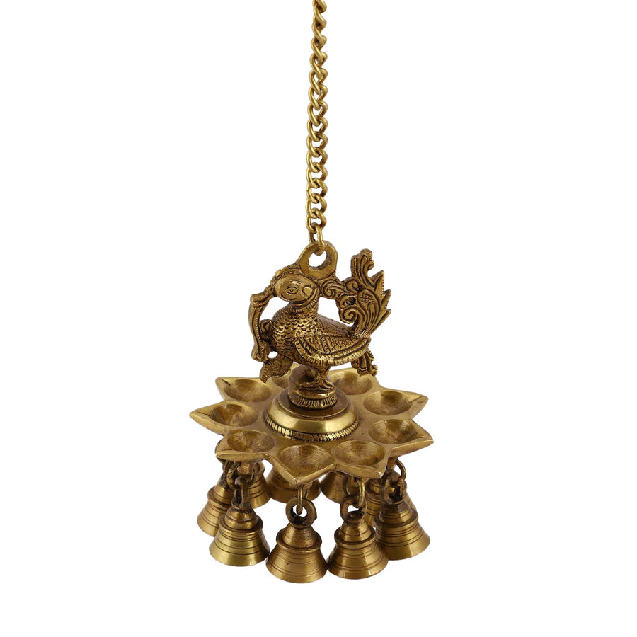Peacock hanging 9 Diya With Bells (Light)