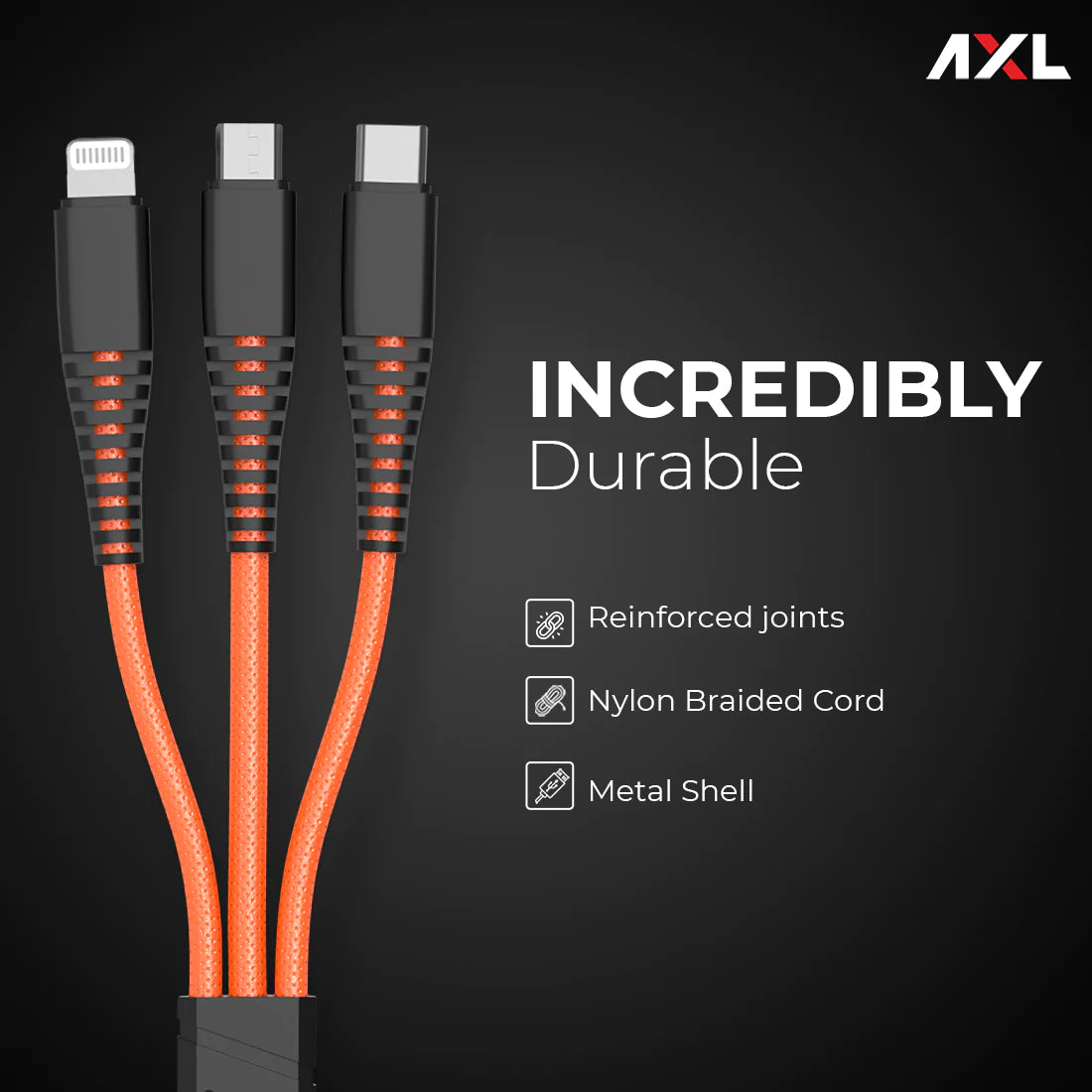 AXL ACB-60 Nylon Braided 3 in 1 Multifunction Charging Cable for Android, iOS and Type C Devices with 3A High Speed Charging – 1.2 Meter (Orange/Green/Blue/Grey)