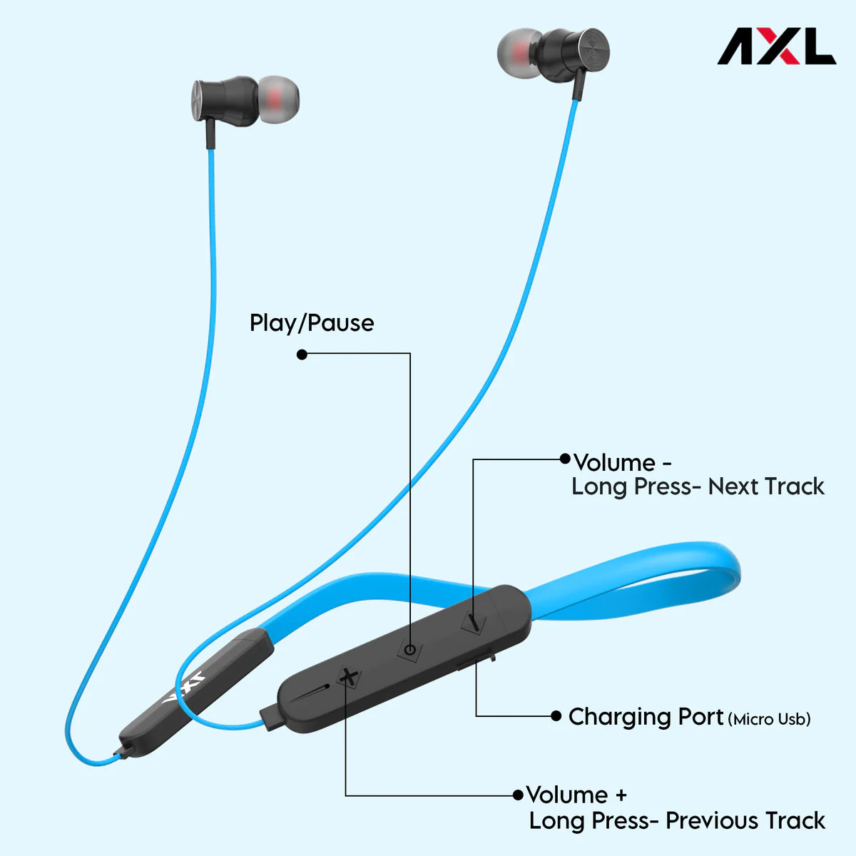 AXL NB06 Bluetooth Neckband with 12 Hours Playback, IPX4 Splash Resistant Magnetic Earbuds, Bass Boost Drivers, HD Stereo Sound and Ergonomic Light Weight Design