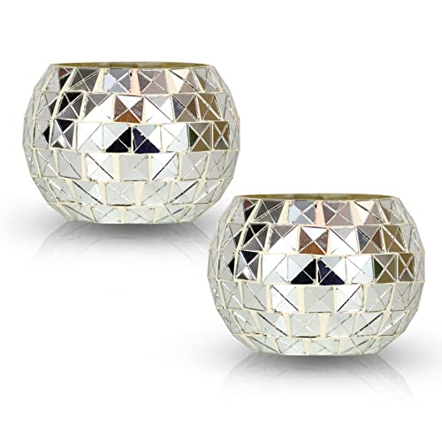 Glass Tealight Candle Holders/ Pack of 2- Mirror Mosaic Glass T-lite Votive with 2 Tea Light Candle