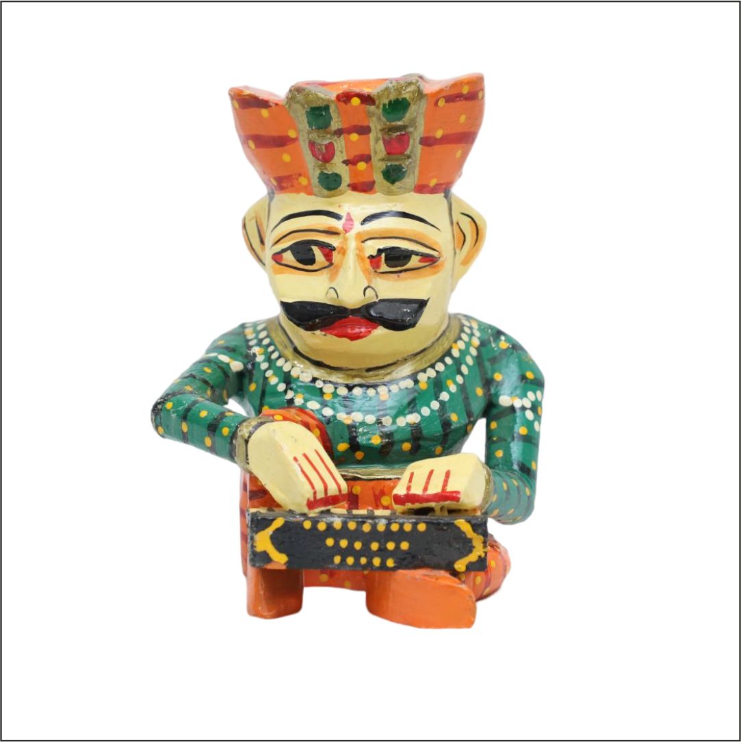 Wooden Sitting Musician Figurine | Hand-Painted Colorful Wooden Rajasthani Babla Musician Man
