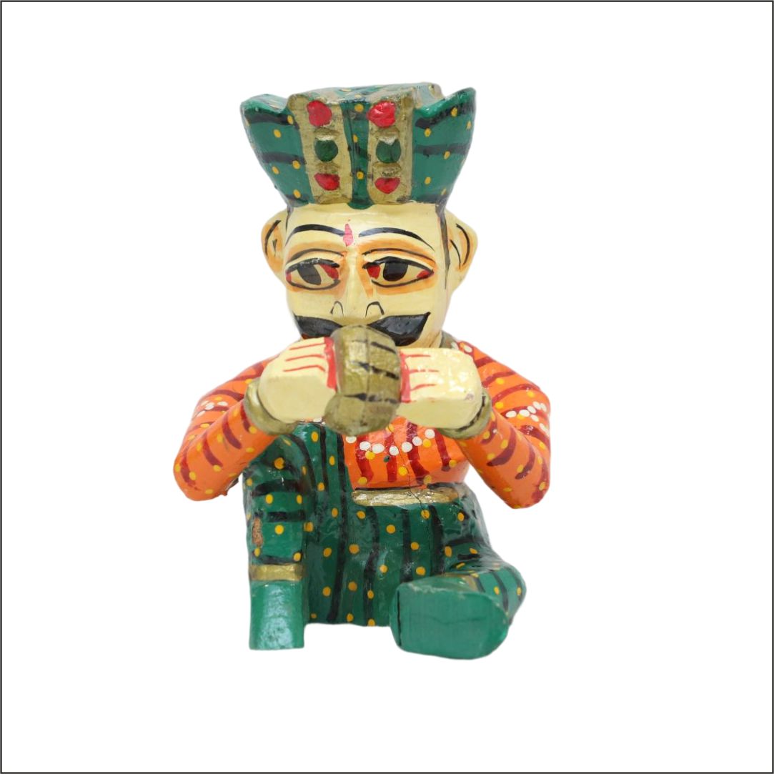 Wooden Sitting Musician Figurine | Hand-Painted Colorful Wooden Rajasthani Babla Musician Man
