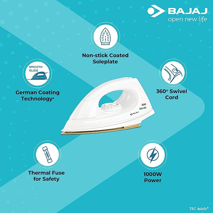 Bajaj DX-7 1000W Dry Iron with Advance Soleplate and Anti-bacterial German Coating Technology, White