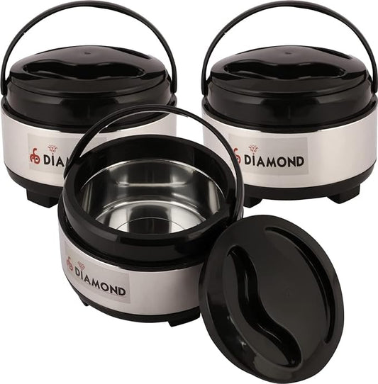 ANEKANTS DIAMOND Stainless Steel Thermoware Casserole with BPA Free Plastic Lid and Sturdy Handle for Carrying, Silver, Set of 3 (1400ml/1800ml/2700ml)