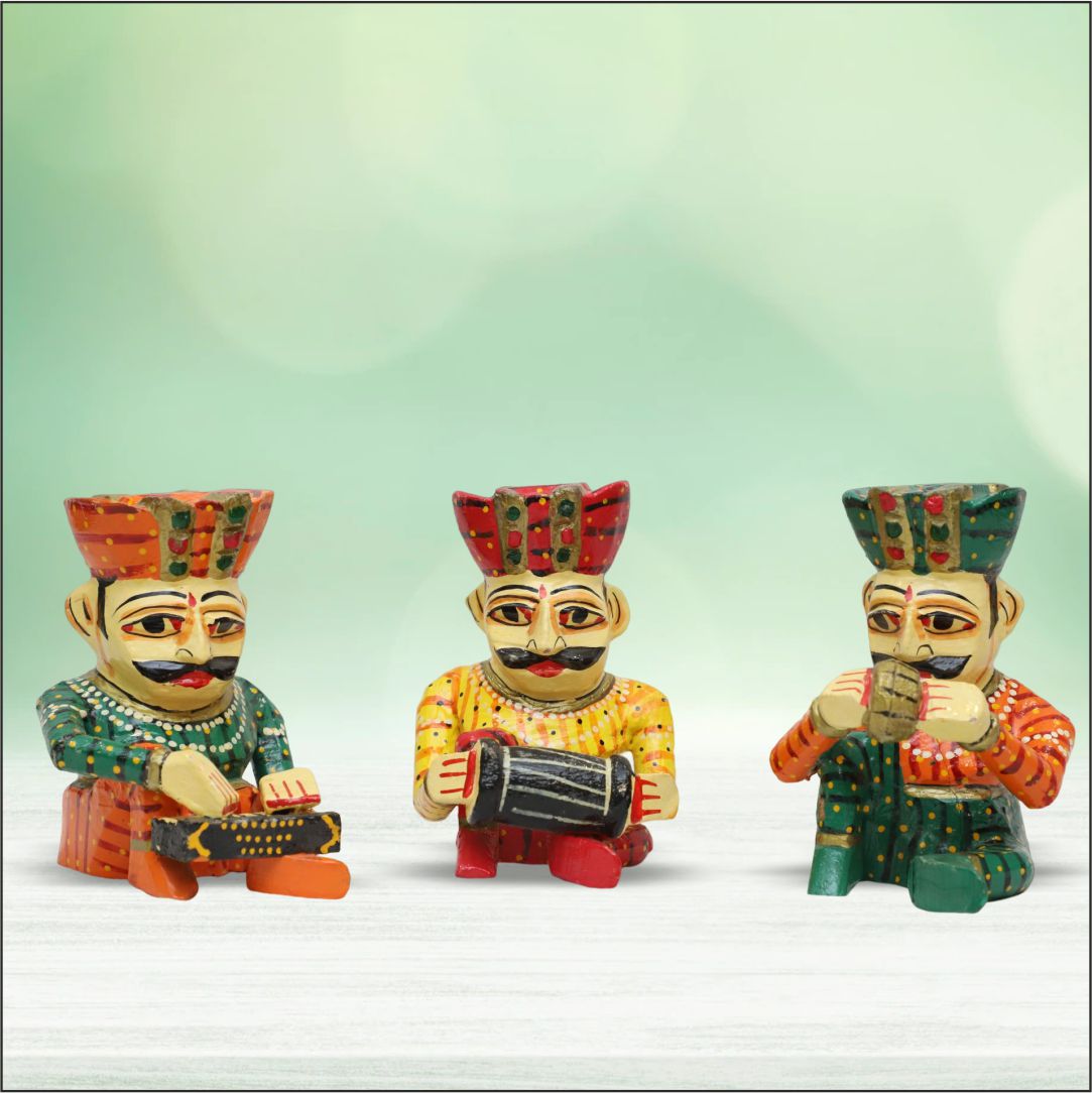 Wooden Sitting Musician Figurine | Hand-Painted Colorful Wooden Rajasthani Babla Musician Man