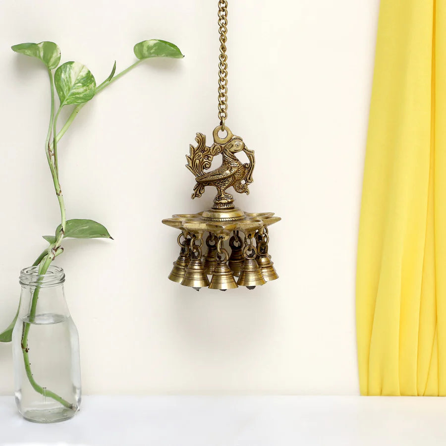 Peacock hanging 9 Diya With Bells (Light)