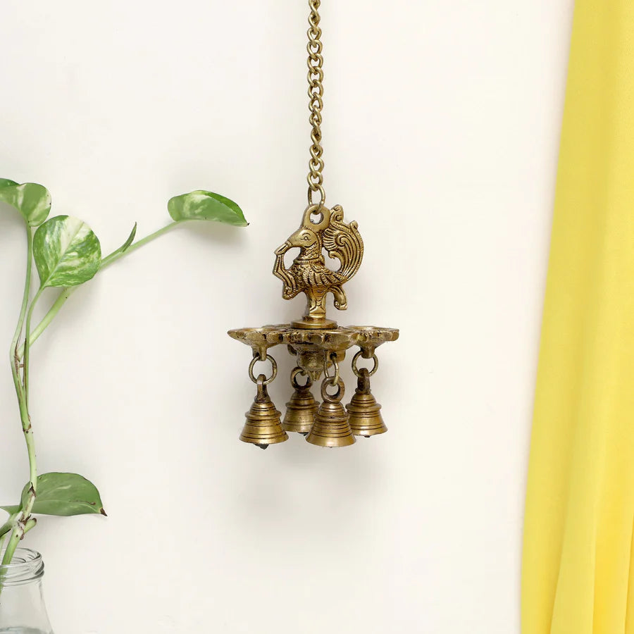 Peacock hanging 4 Diya With Bells (Light)