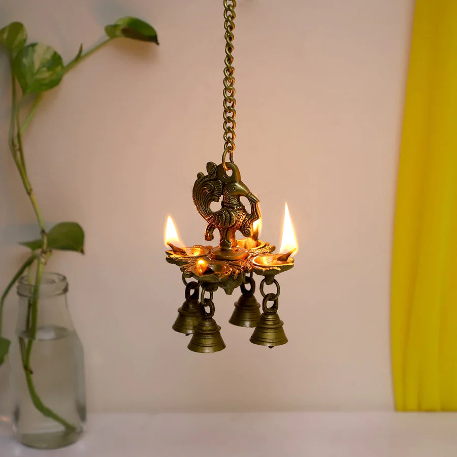 Peacock hanging 4 Diya With Bells (Light)