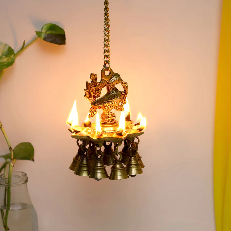Peacock hanging 9 Diya With Bells (Light)