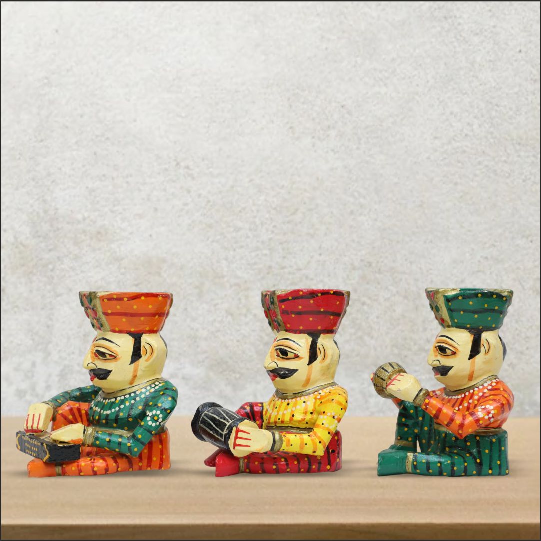 Wooden Sitting Musician Figurine | Hand-Painted Colorful Wooden Rajasthani Babla Musician Man