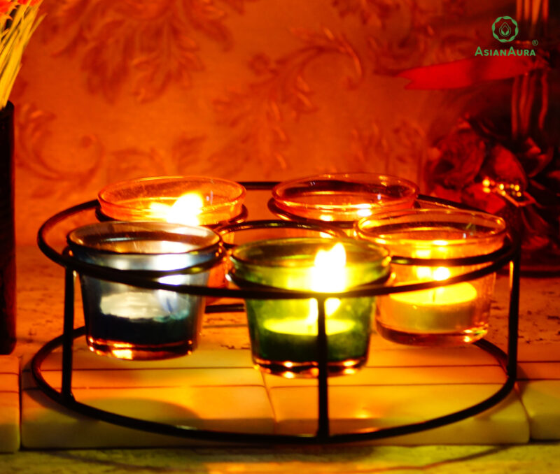 Five Votive Candle Holder, Table Top candle décor, Metal Votive Candle Holder (Black, Pack of 1)