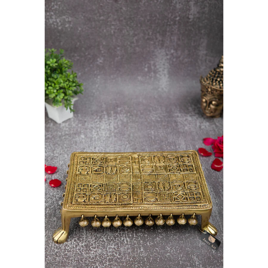 Art Rectangle Brass Pooja Chowki with Beautiful Bells 4 Leg