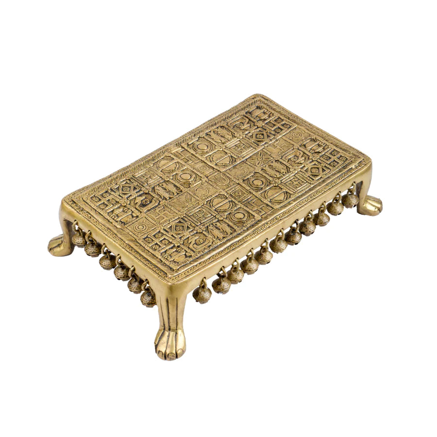 Art Rectangle Brass Pooja Chowki with Beautiful Bells 4 Leg