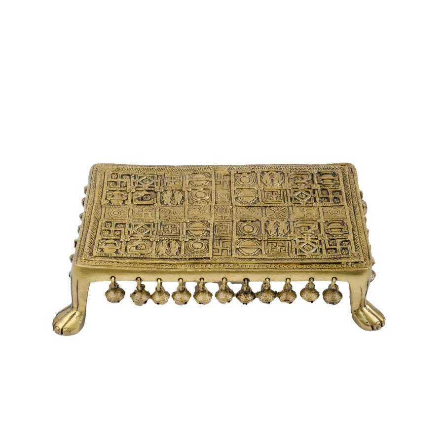 Art Rectangle Brass Pooja Chowki with Beautiful Bells 4 Leg