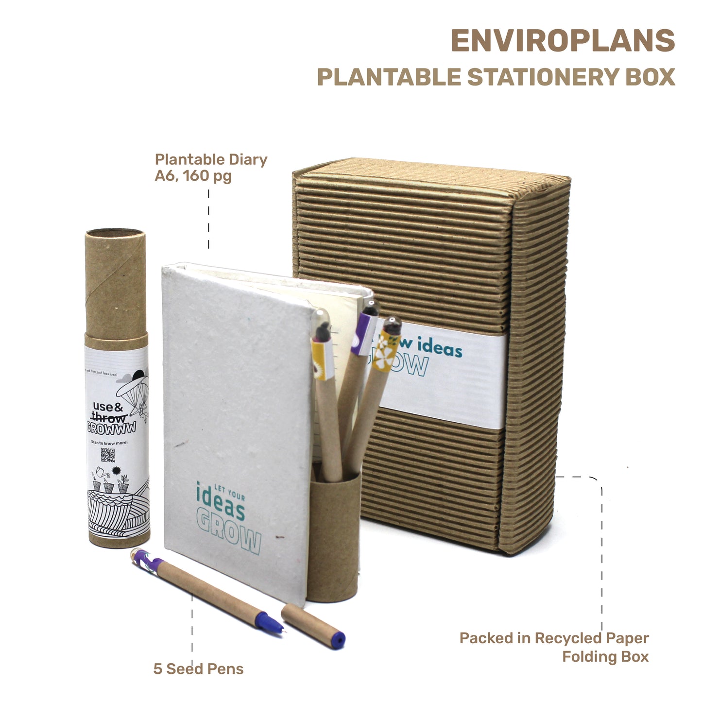 "5 Seed Pens Plantable Diary A6 | 160pg Packed in Recycled Paper Folding Box"