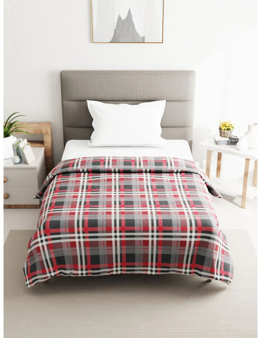 Super Soft 100% Natural Cotton Fabric Single Comforter For All Weather (checks-grey/red)