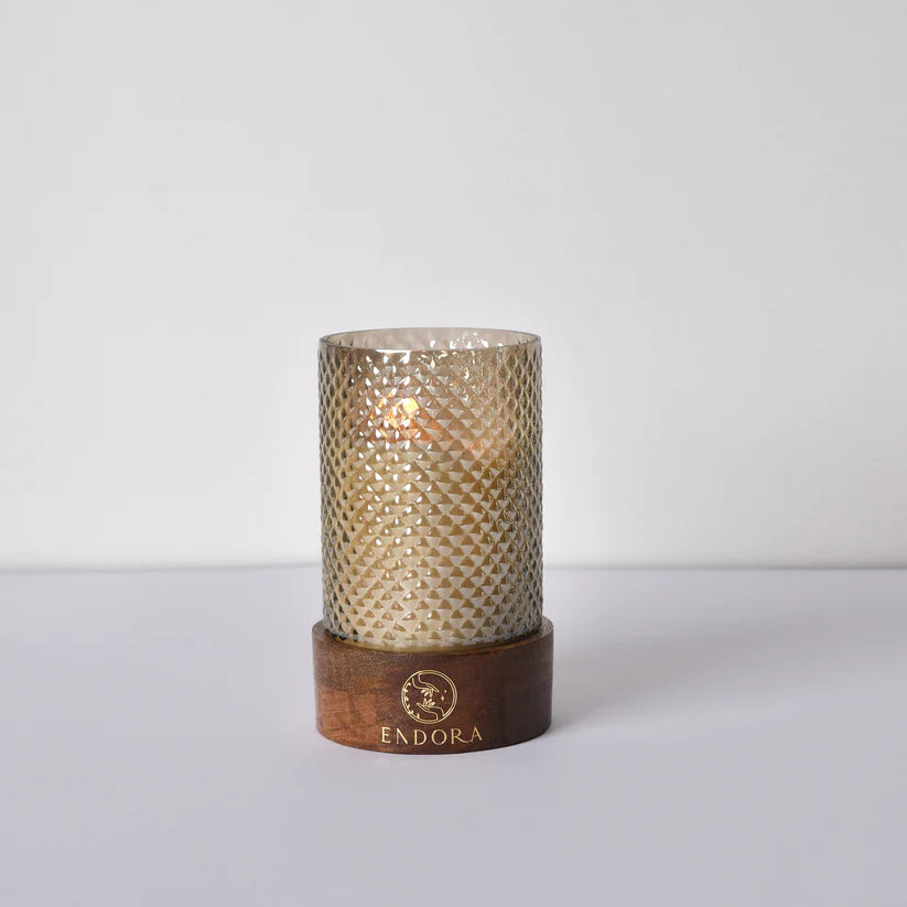 Diamond Cut Wood Base Candle | Smoke