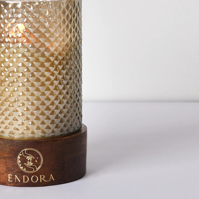 Diamond Cut Wood Base Candle | Smoke