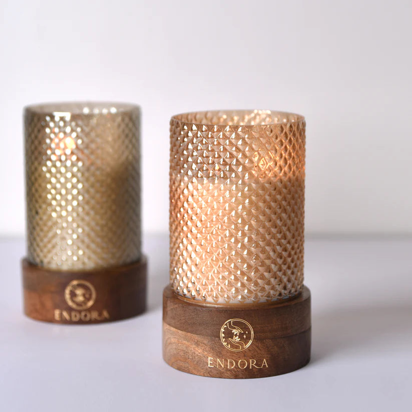 Diamond Cut Wood Base Candle | Smoke