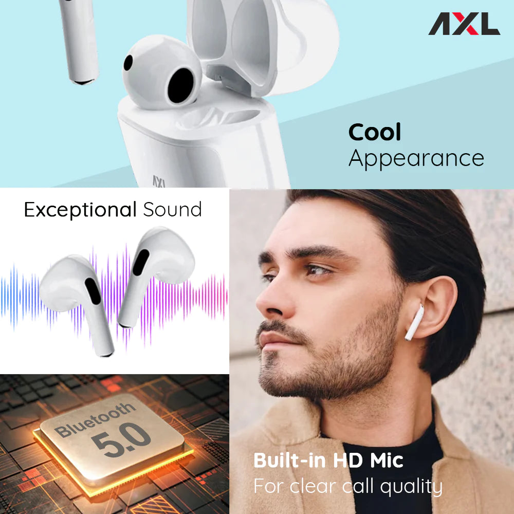 AXL Epic True Wireless Earbuds IPX5 Water Resistant, Voice Assistant Bluetooth Headset (White, True Wireless)