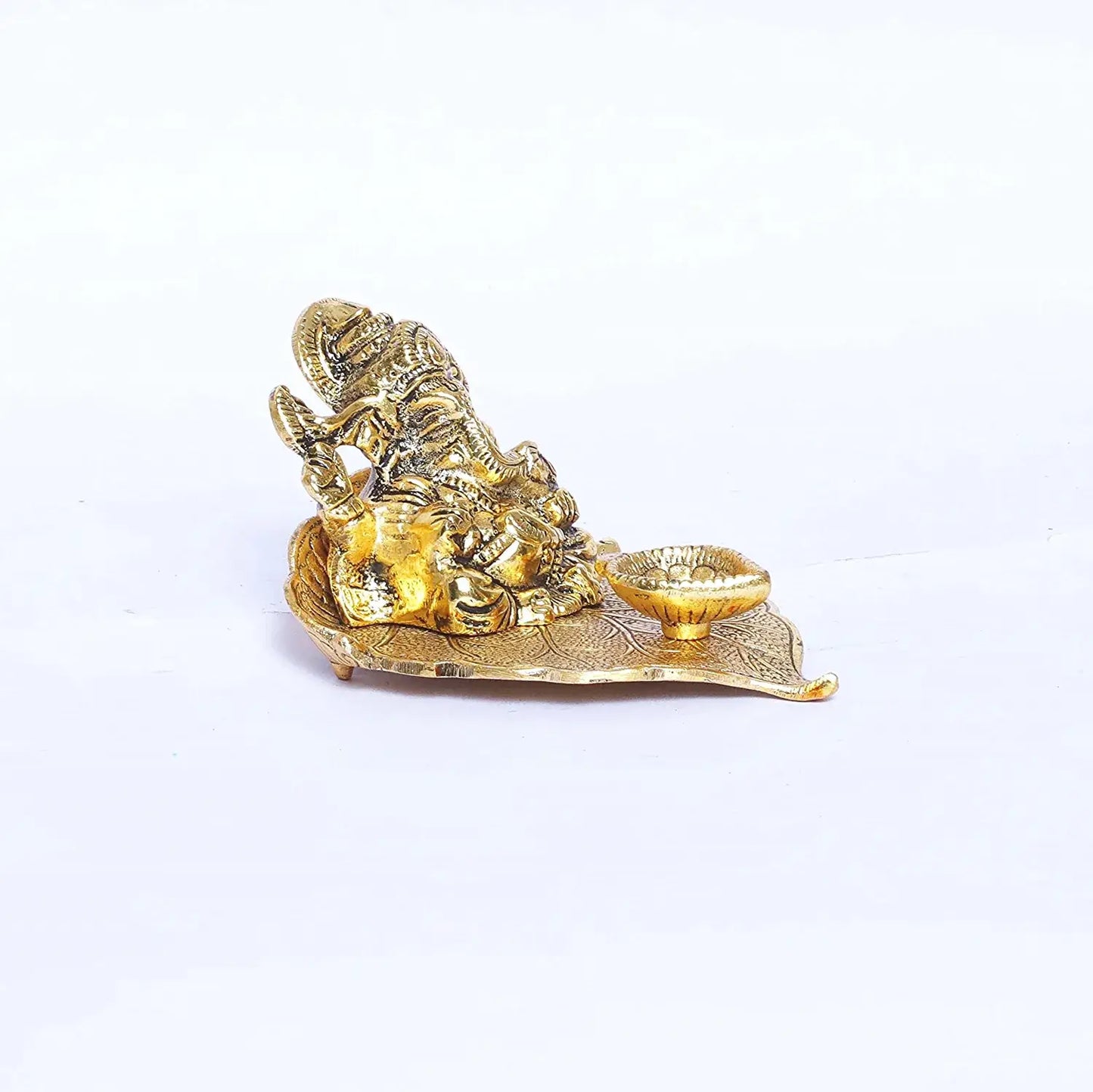 Metal Lord Ganesha On Leaf with Diya Idol for Pooja Room Showpiece