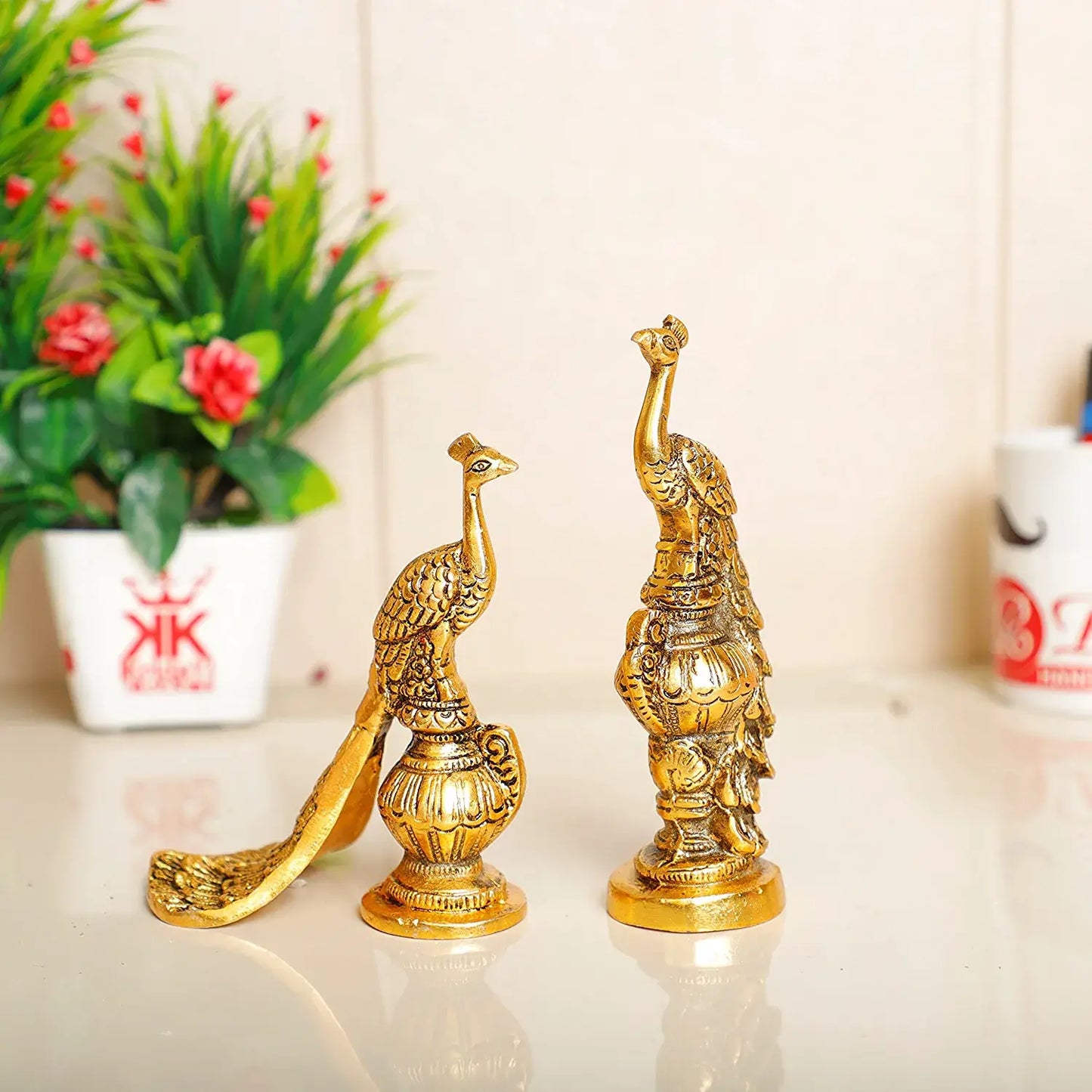 Metal Lovers Peacock Couple Pair Showpiece for Home, Office Decor (Gold, Medium)