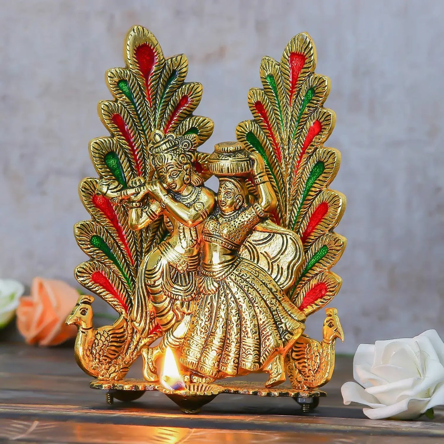 Radha Krishna Metal Statue with Diya for Pooja