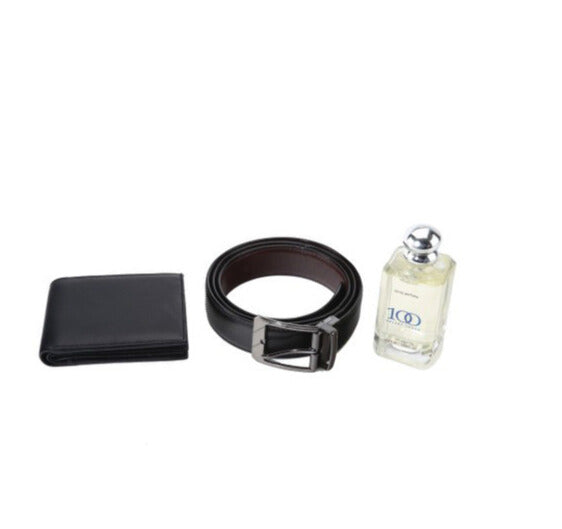 3 IN 1 BLACK LEATHER (PERFUME SET )GENTS WALLET EENTS PERFUME GENTS BELT BOX