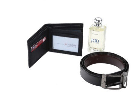 3 IN 1 BLACK LEATHER (PERFUME SET )GENTS WALLET EENTS PERFUME GENTS BELT BOX