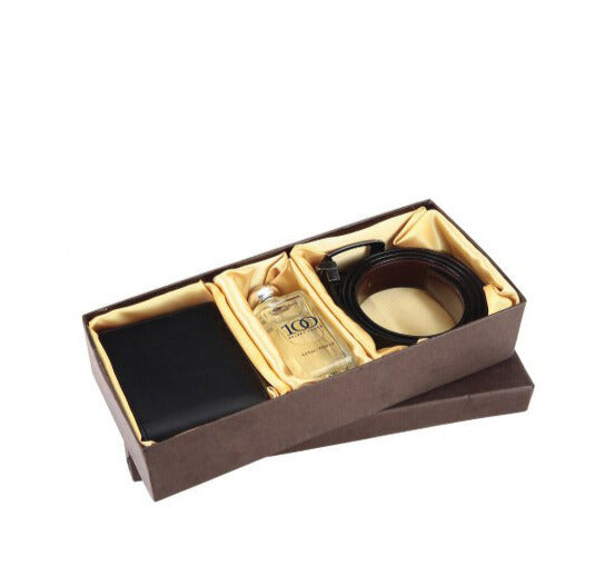 3 IN 1 BLACK LEATHER (PERFUME SET )GENTS WALLET EENTS PERFUME GENTS BELT BOX