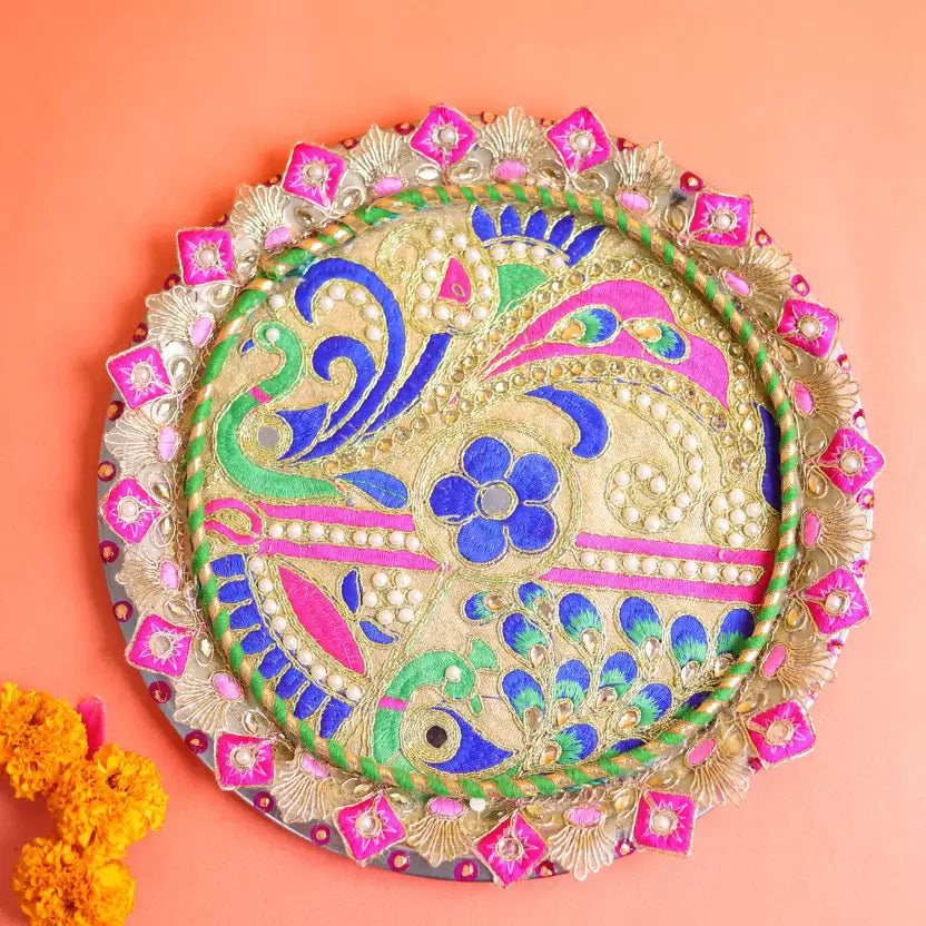 Royals of Sawaigarh Pink Meenakari Designer Karwa Chauth Thali Set Stainless Steel  (1 Pieces, Multicolor)