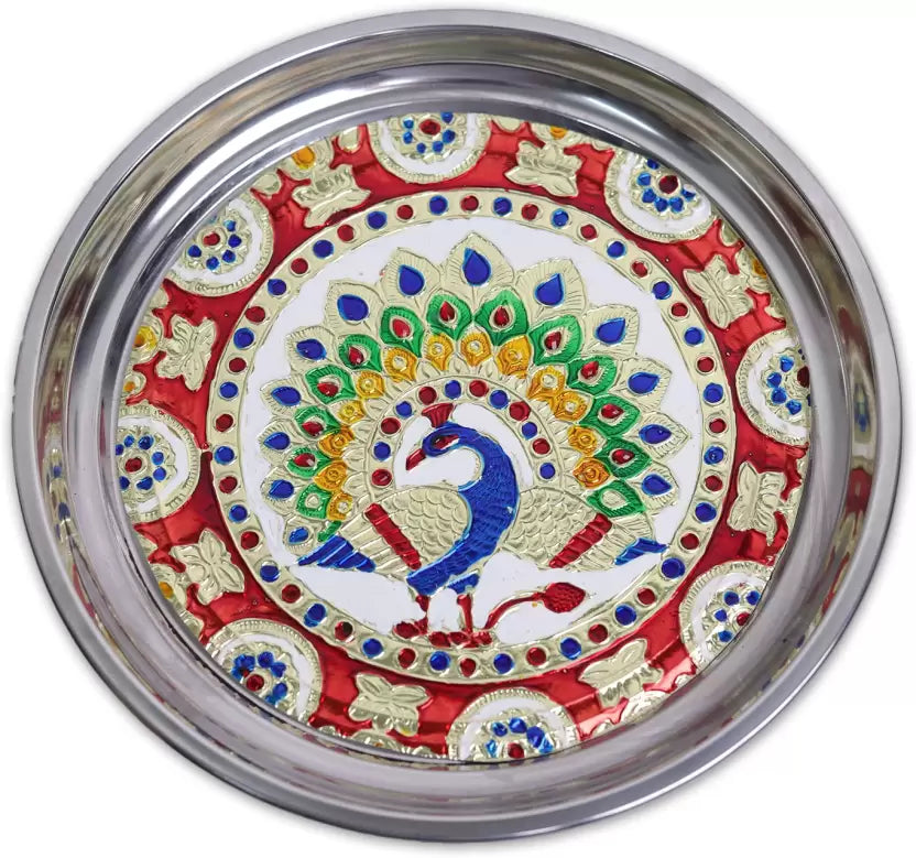 Royals of Sawaigarh Peacock Designer Karwa Chauth Thali Set Stainless Steel  (1 Pieces, Multicolor)