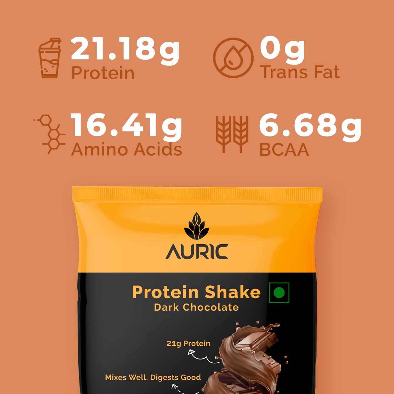 Auric Vegan Protein Powder for Men & Women (Dark Chocolate Flavor) 8 Sachet