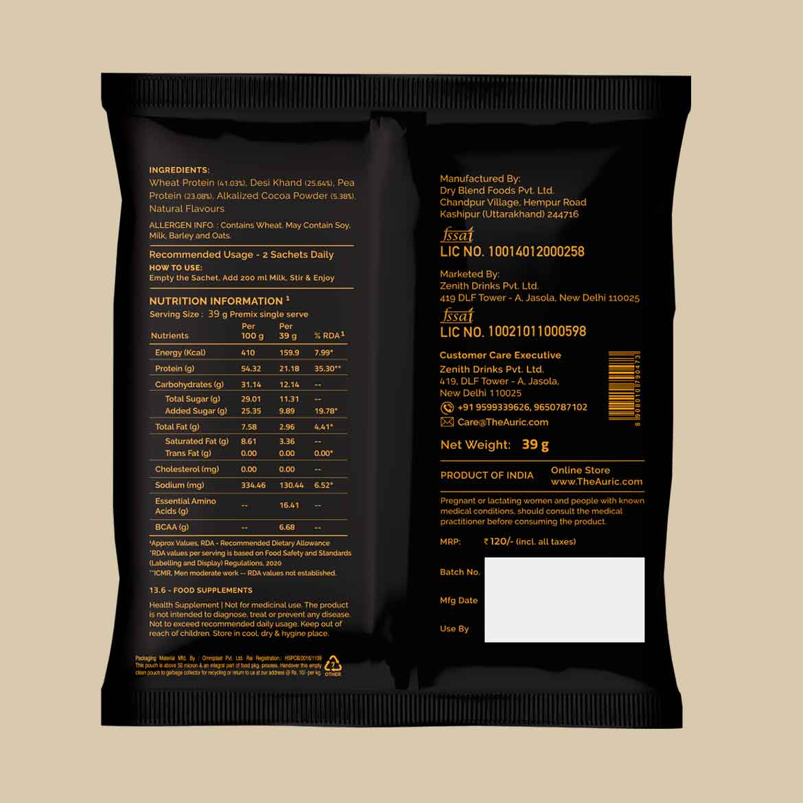 Auric Vegan Plant Protein Powder for Men & Women 8 Sachet