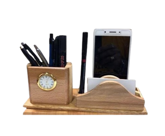 Wooden pen stand with clock and card holder for office