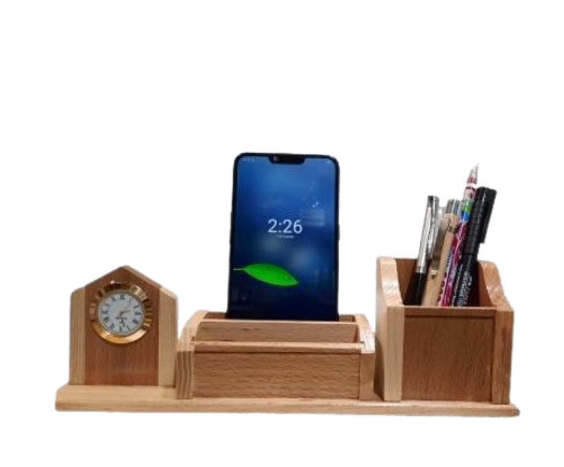Wooden pen stand with clock and mobile stand