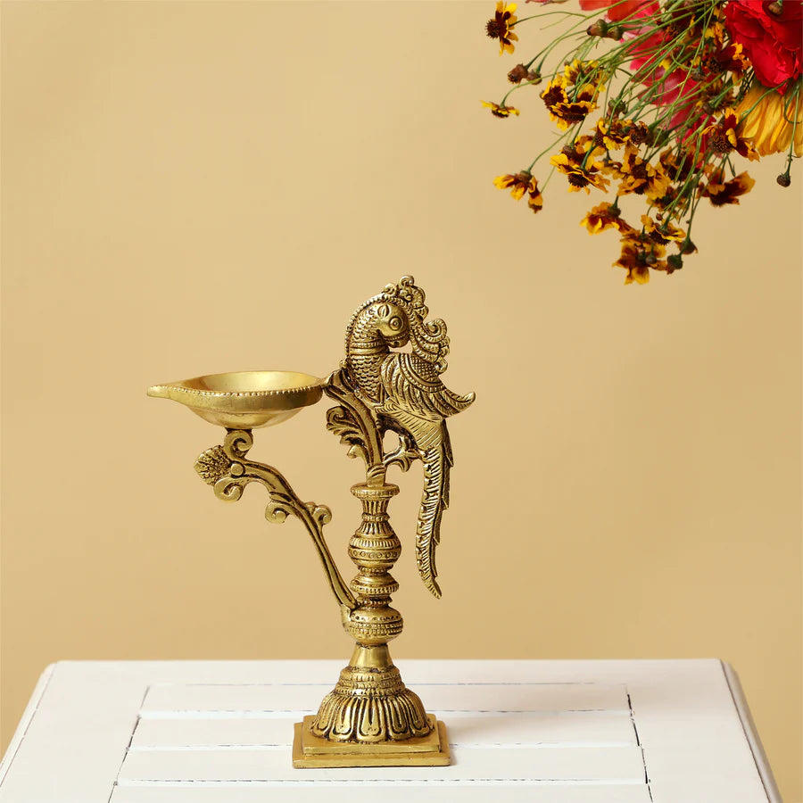 Art Brass Peacock Tall Diya With Stand