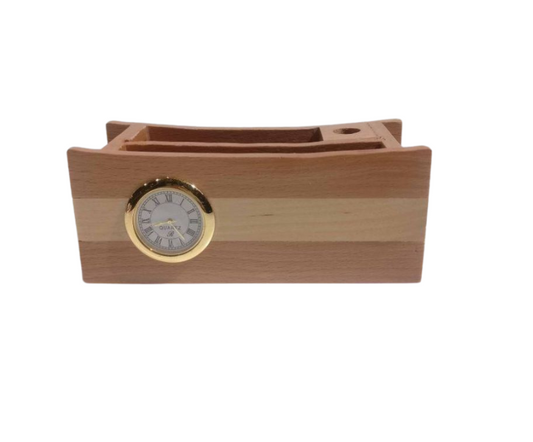 Wooden desk organiser with clock
