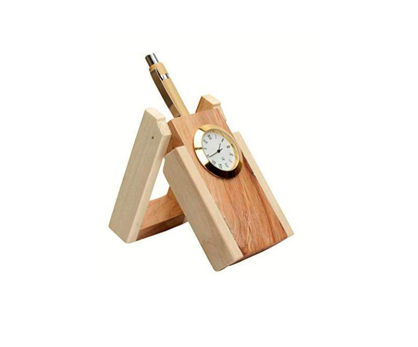 Wooden Handicraft Pen Stand with Digital Clock for Official use
