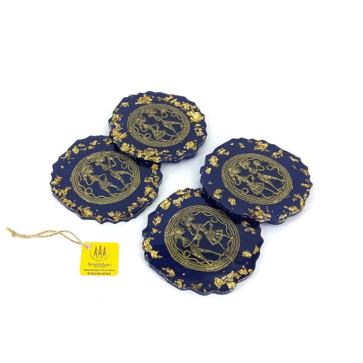 Handcrafted Brass and Resin Round Blue Translucent Coasters, 4 inch