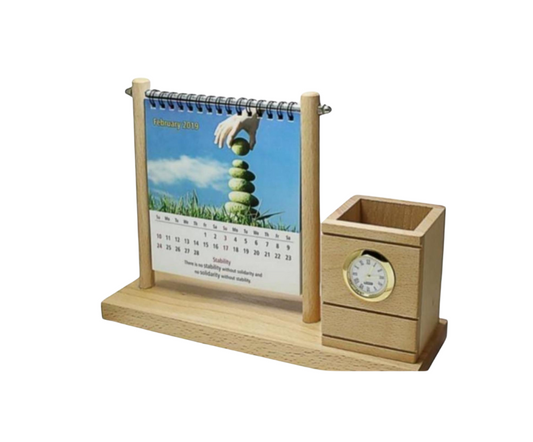 Wooden pen stand clock with calendar for office