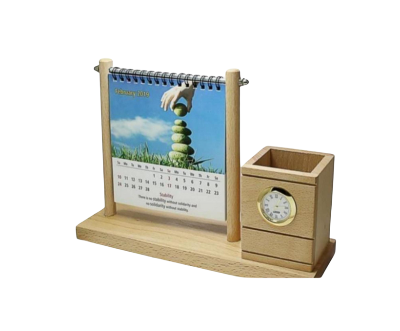 Wooden pen stand clock with calendar for office