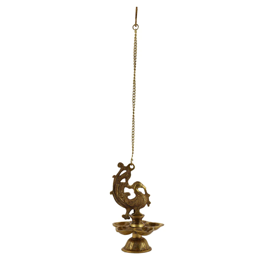 Peacock hanging 5 Diya With Bells and Stand (Light)