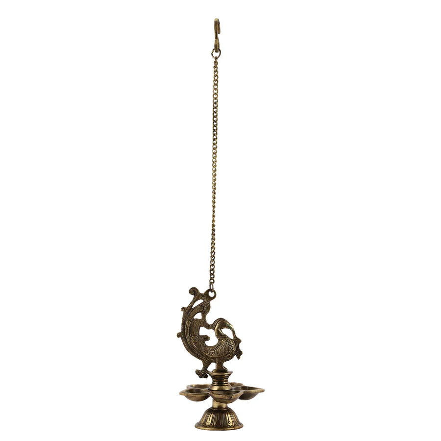 Peacock hanging 5 Diya With Bells and Stand (Dark)